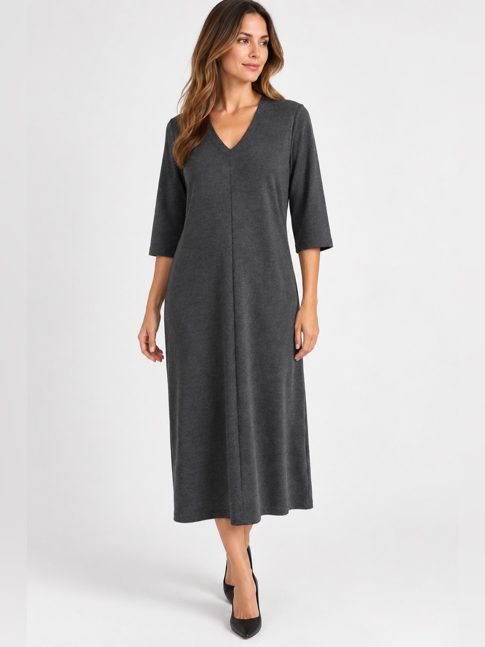 Lord & Taylor Midi Dress Women L Charcoal Gray V Neck Midi 3/4 Sleeve Minimalist